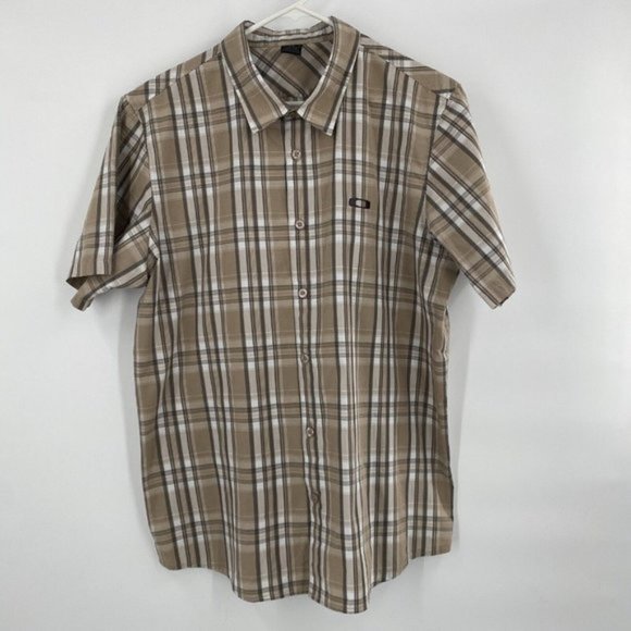 OAKLEY Short Sleeve Button Up Beige Plaid Casual Men's Large - Picture 2 of 4